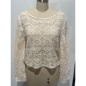 Women's REBELLION Again Beige Crochet boat Neck boxy fit sheer Sweater M